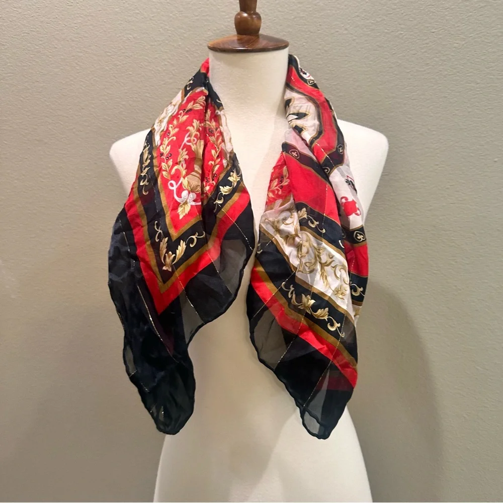 Red and Black Women's Scarf Faux Silk Vintage Chains Gold Fall Neck